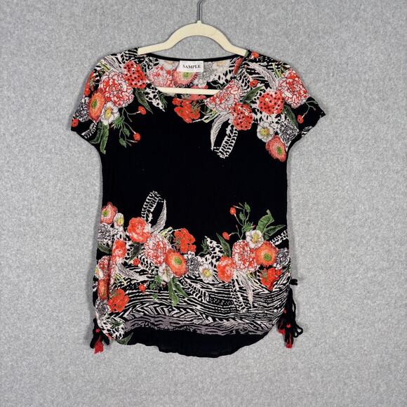 Unbranded Tops - Womens Gauze Top Small‎ Orange Green Floral Sequin Ruched Side Tie Resort Cruise